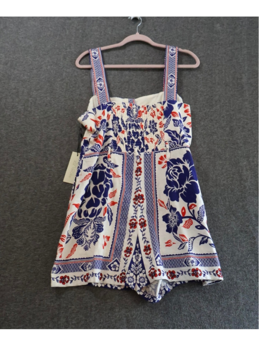 Rachel Zoe Floral Romper Size 12 Blue White Red Smocked Linen Blend NWT - Picture 4 of 6